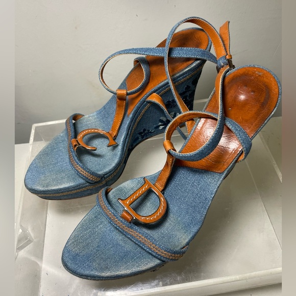 DIOR shoes /DIOR blue denim wedge platform sandals sz 40 us 9.5 made in italy - Picture 9 of 14